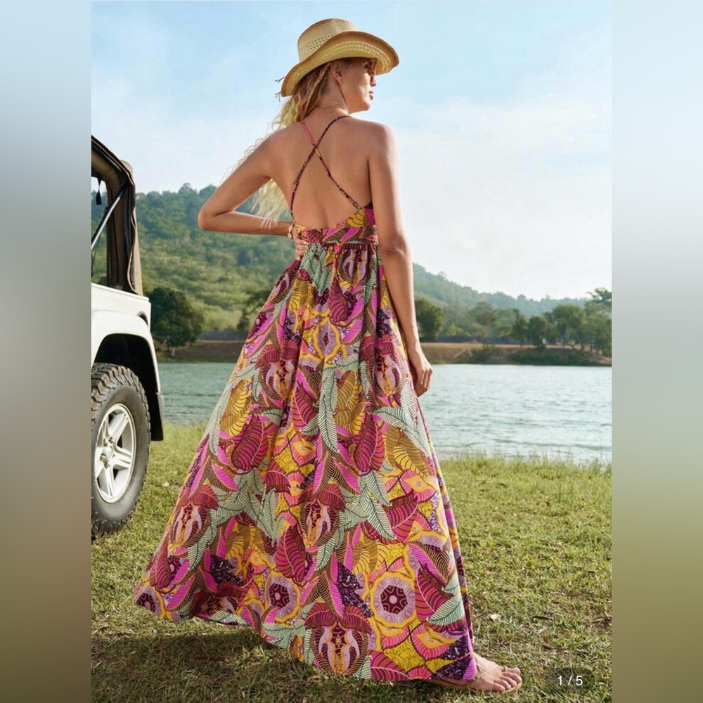 SHEIN VCAY Tropical Print Criss Cross Tie Backless Cami Maxi Dress Vibrant L NWT